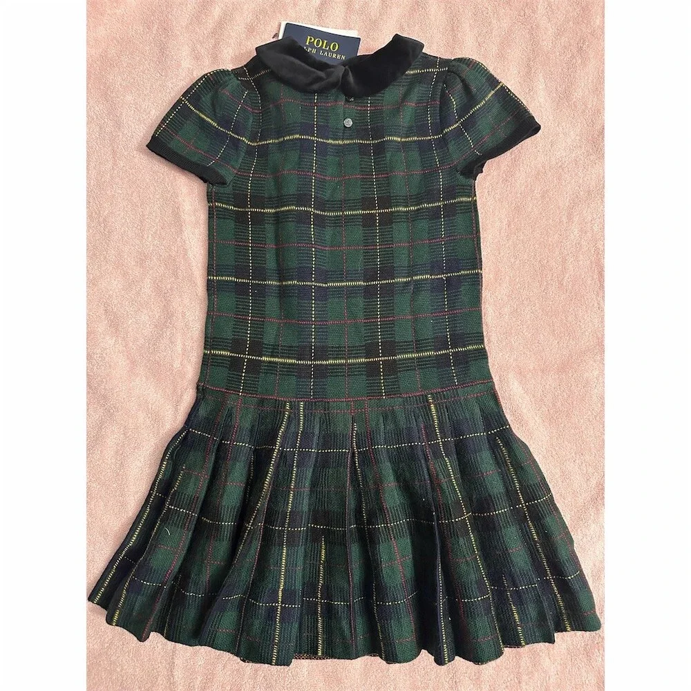 Ralph Lauren Girls Wool Green Plaid Drop Waist Knee Length Size 6